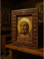 Икона Смесоипостасная Троица резная из массива дуба малая