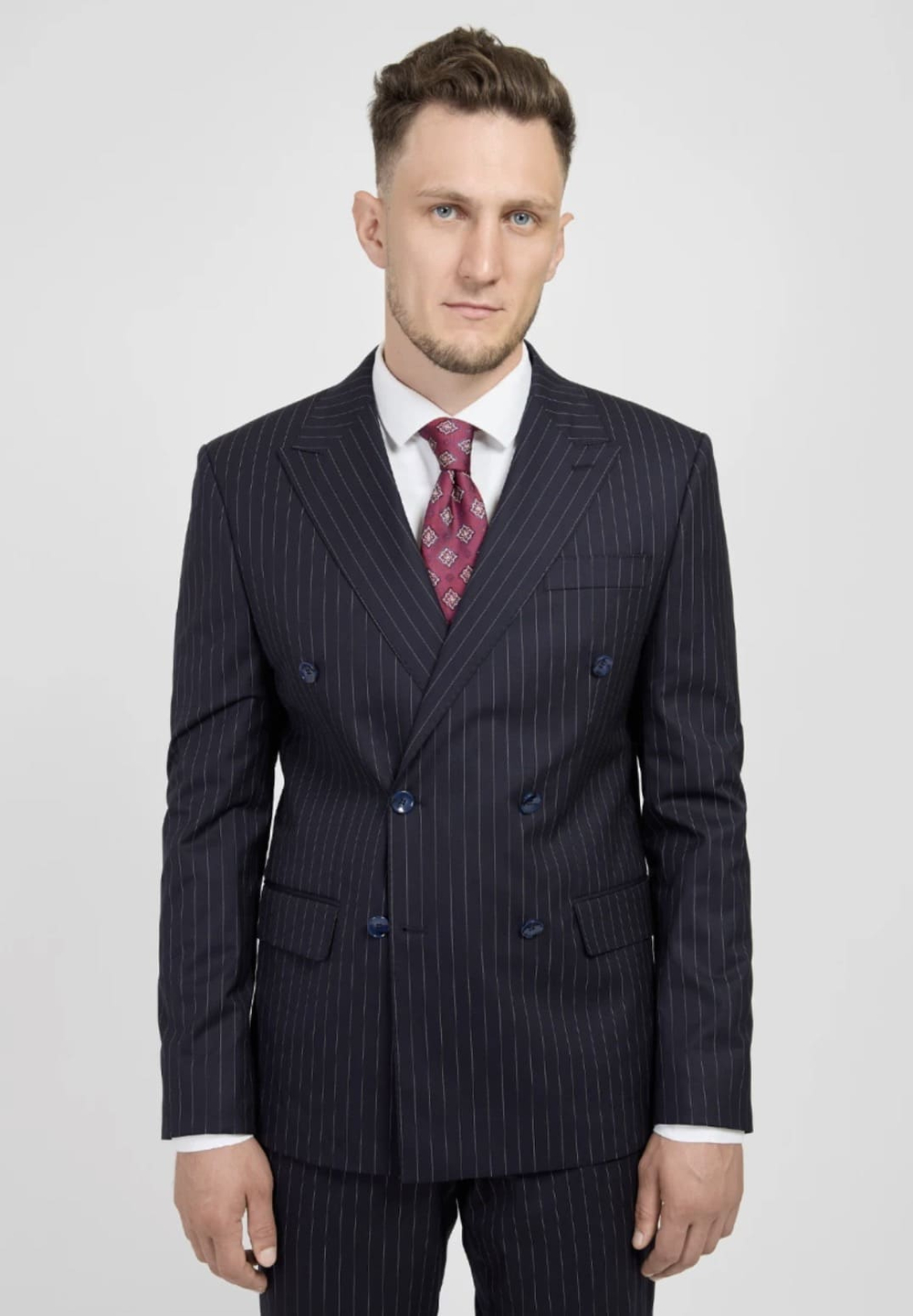 Мужской двубортный костюм в полоску (синий) А34