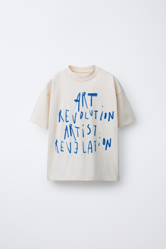 ZARA ФУТБОЛКА С ПРИНТОМ, ЭКРЮ