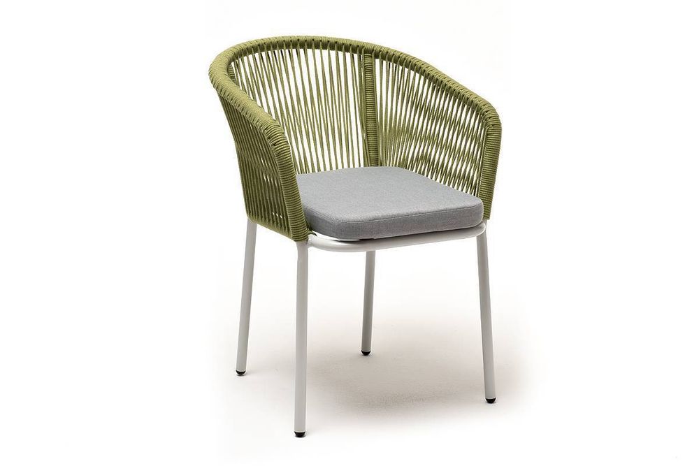 "Марсель" стул плетеный из роупа, каркас алюминий светло-серый (RAL7035) шагрень, роуп салатовый меланж круглый, ткань светло-серая