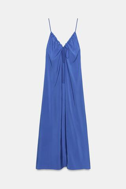ZARA СТРУЯЩЕЕСЯ ПЛАТЬЕ МИДИ С ЗАВЯЗКАМИ, КОБАЛЬТОВЫЙ