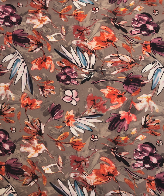 Шифон спандекс принт, цветы оранж/фиолет на бежевом Пикассо D67С1