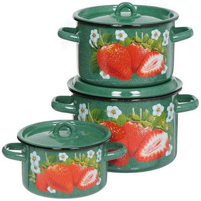 Набор эмалированной посуды 6 пр, кастрюли 1.5,2.9,4.5 л, СтальЭмаль, Клубника садовая, 1с33, в асс