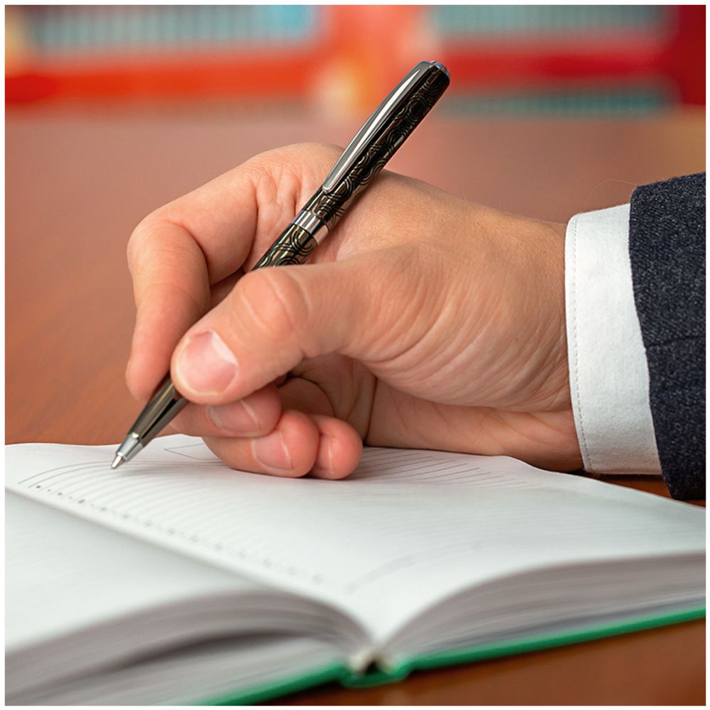 Ручка шариковая Delucci "Motivo" синяя, 1,0мм, корпус оружейный металл/серебро, поворот, подарочная упаковка