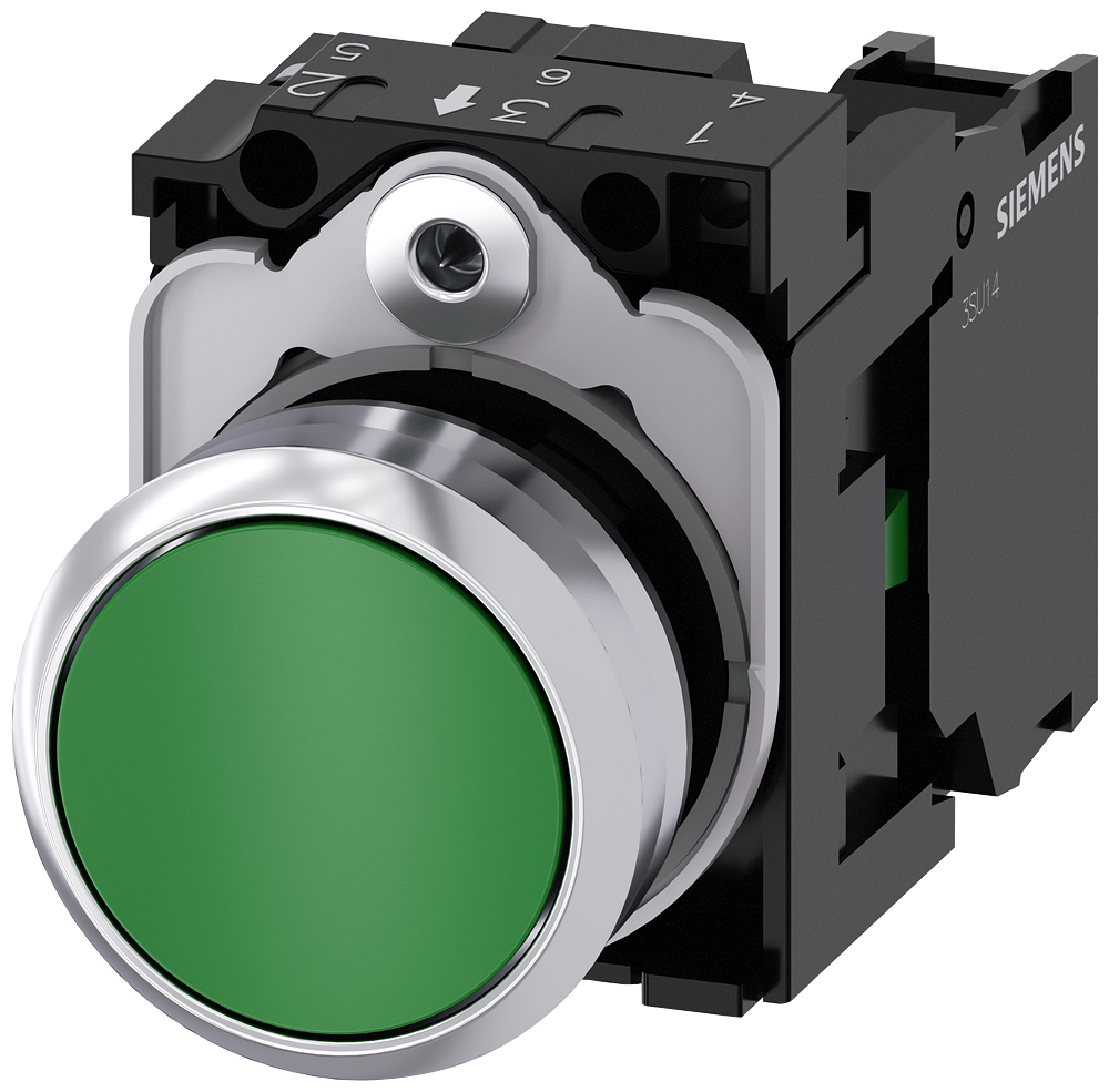 Кнопка, 22mm, круглая, металлическая глянцевая, зелёная, SIEMENS 3SU1150-0AB40-1BA0