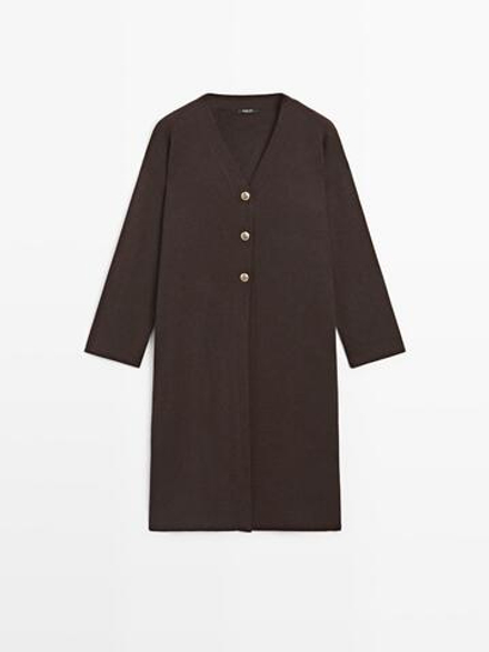 Massimo Dutti Длинный вязаный кардиган с золотыми пуговицами, коричневый
