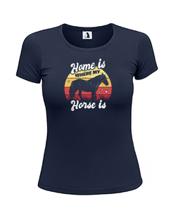 Футболка с лошадью Home is where my horse женская приталенная темно-синяя