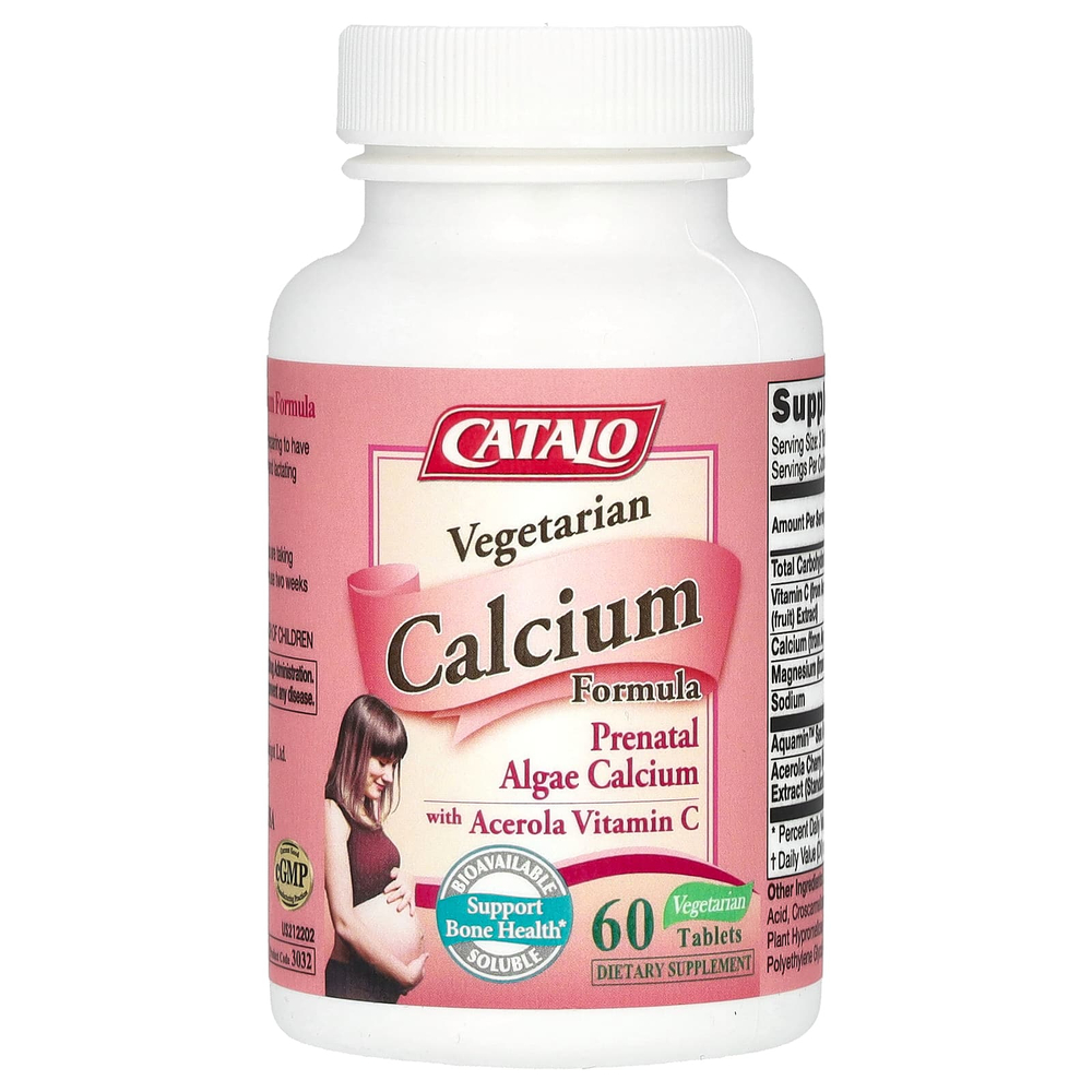 CATALO, Vegetarian Calcium Formula, пренатальный кальций из водорослей с ацеролой и витамином C, 60 вегетарианских таблеток