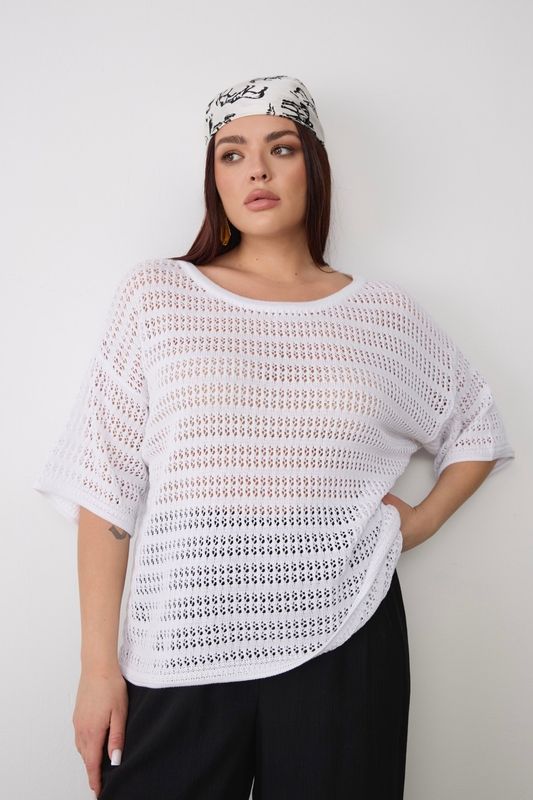 Футболка вязаная ажурная с вырезом "лодочка", белый