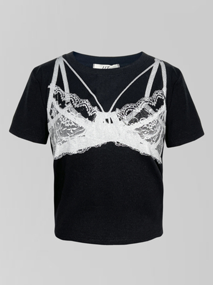 Футболка UT 8821 укороченная в рубчик с принтом кружевного топа