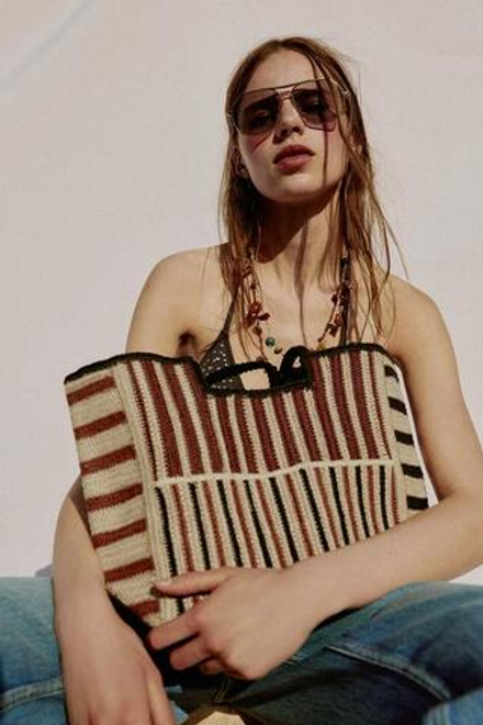 ZARA СУМКА ИЗ ПЛЕТЕНОГО ДЖУТА В ПОЛОСКУ, РЫЖЕВАТО-КОРИЧНЕВЫЙ