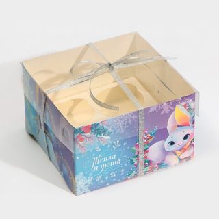 Коробка на 4 кекса С Новым годом. Зайка. 16х16х10 см