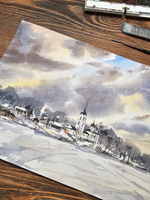 Картина авторская акварельная в паспарту 30х40 см на стену для интерьера "Февральский закат на Талабах"