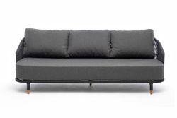 "Верона" диван 3-местный плетеный из роупа, каркас алюминий темно-серый (RAL7024) муар, роуп темно-серый круглый, ткань темно-серая 027