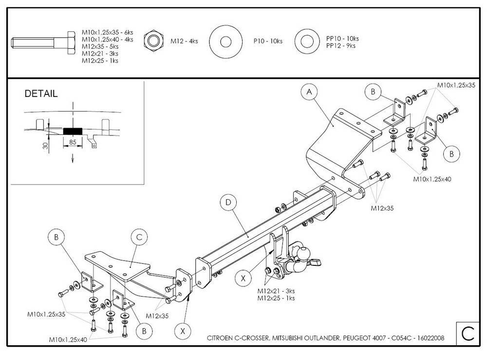Фаркоп оцинкованный Galia C054C для CITROEN C-CROSSER 2007-, PEUGEOT 4007 2007-, MITSUBISHI OUTLANDER 2007-2012,(паспорт и сертификат в комплекте)(без электрики)