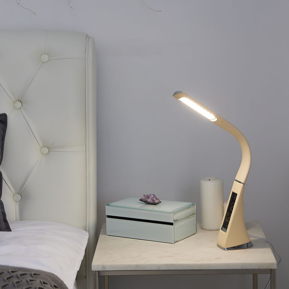 TLD-542 Cream-LED-300Lm-5000K-Dimmer Светильник настольный c часами. календарем. термометром. 5W. Сенсорный выключатель. Кремовый стилизован под кожу. TM Uniel.