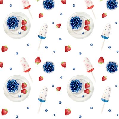 Акварельный летний паттерн. Ягоды черника и клубника, мороженое на белом фоне