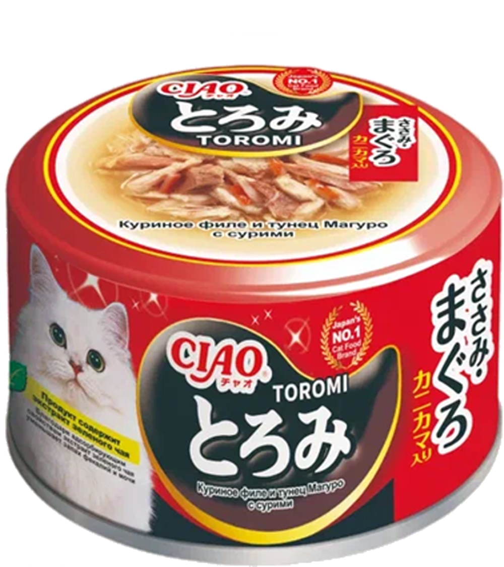 Inaba Ciao Toromi консервы для кошек, куриное филе и тунец магуро с добавлением сурими в бульоне 80г