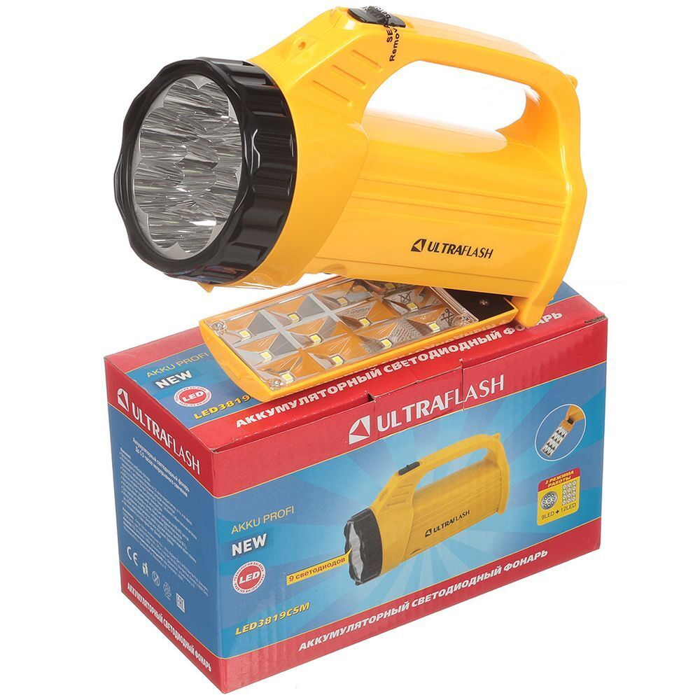 Фонарь ручной, встр акк, прожект, Ultraflash, 3819CSM, зар от сет220В, пластик, жел, 12860