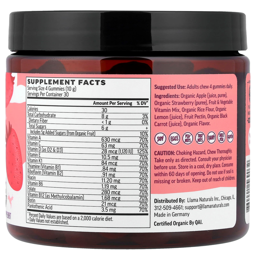 Llama Naturals, растительные мультивитамины для взрослых, натуральные фрукты в жевательных таблетках, клубничный джем, 120 жевательных таблеток