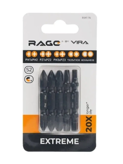 Набор бит двухсторонних 5 шт S2 PH1 x PH2 PZ1 x PZ2 PH3хPZ3 Tx25 x Tx30 Hex4 x Hex5 50 мм RAGE by VIRA