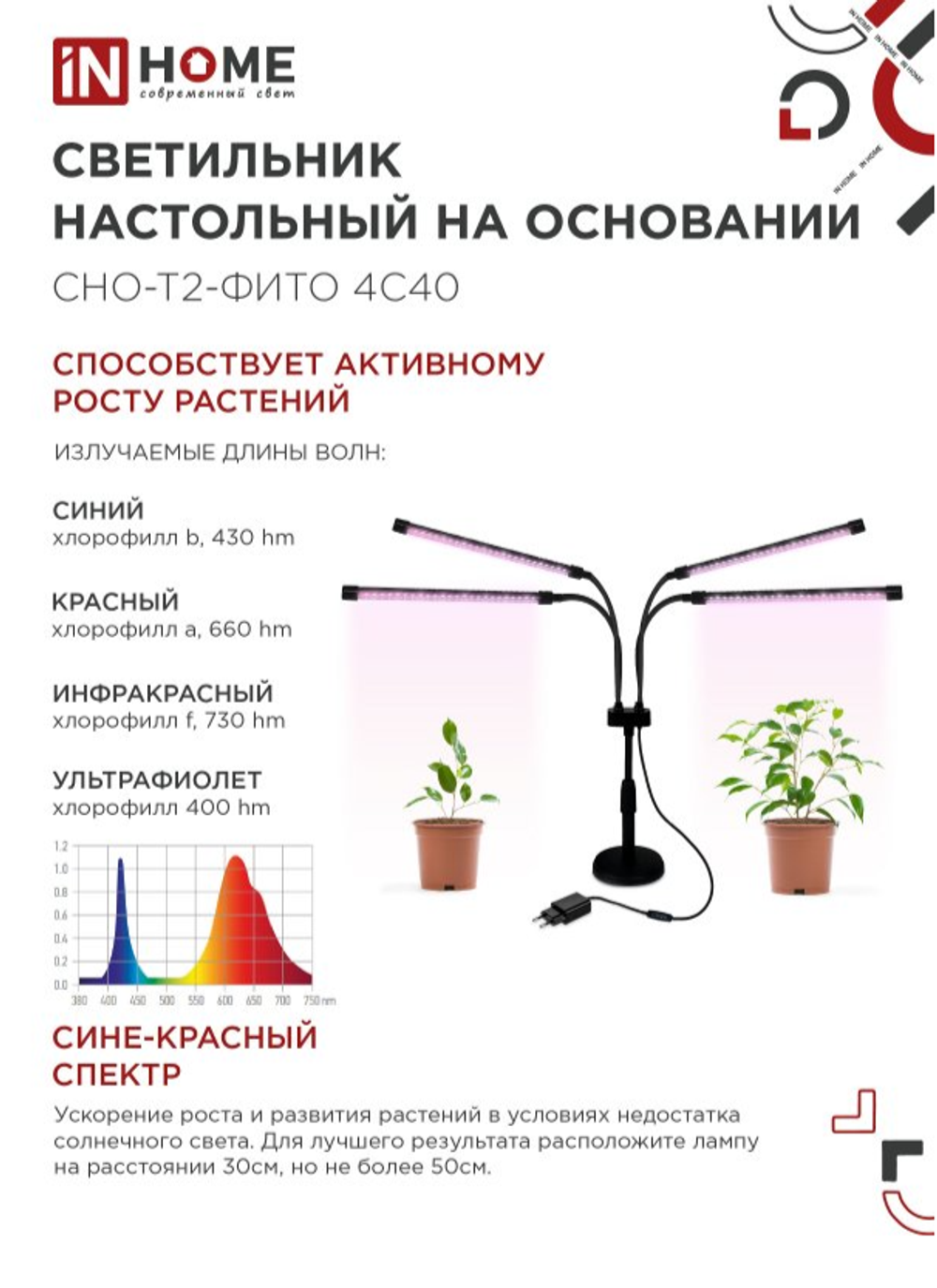 Светильник настольный для растений на основании светодиодный СПБ-Т2-ФИТО 4С40 40Вт 4 плафона