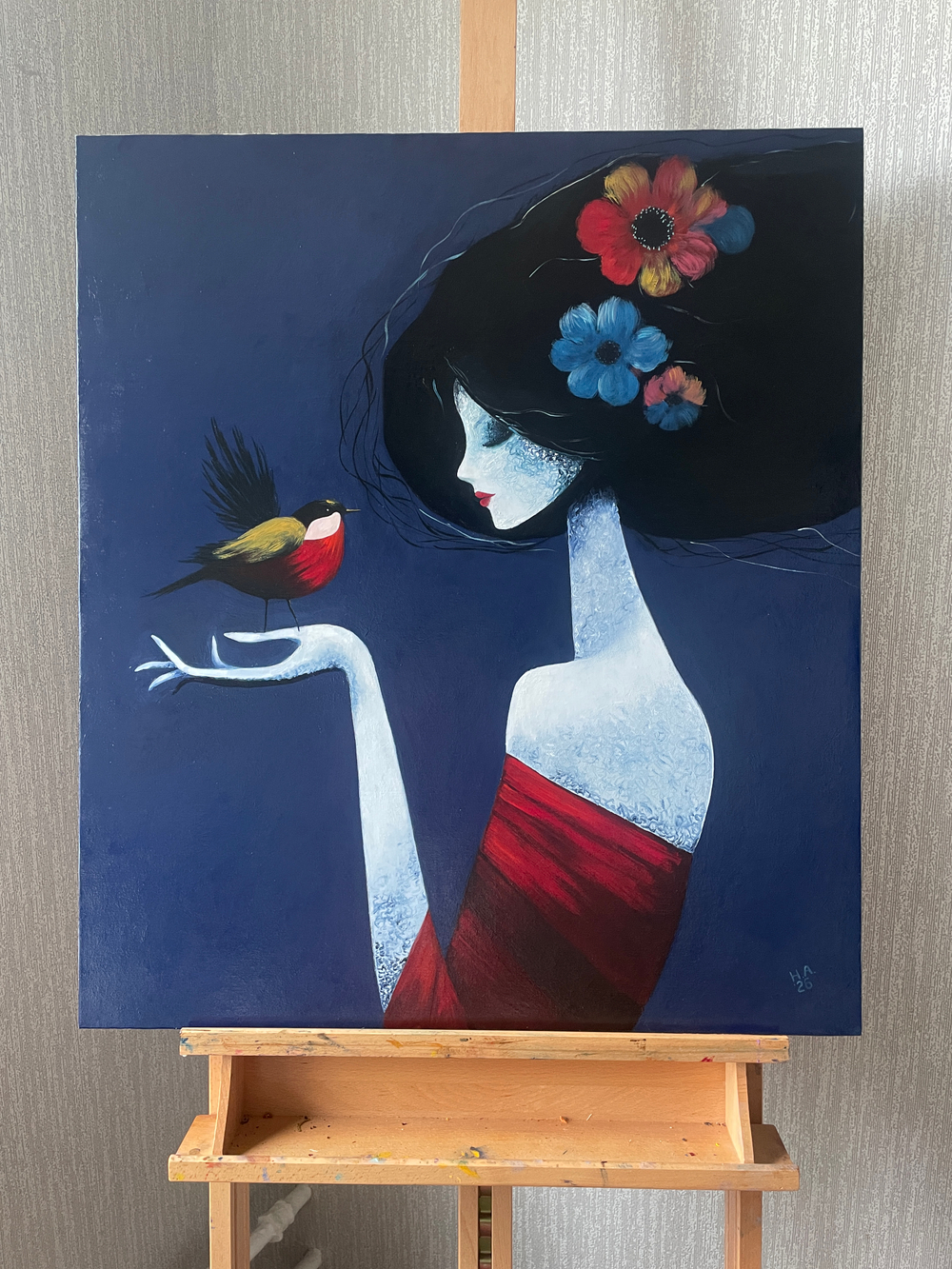 Картина маслом на холсте "Девушка и птица" 80х70 см. Деревянный подрамник. Художник Наталия Осадчук