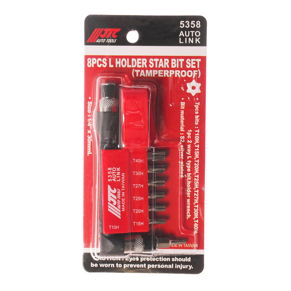 Набор бит 1/4" TORX с отверстием Т10Н-Т40Н с Г-образным держателем 8 предметов JTC