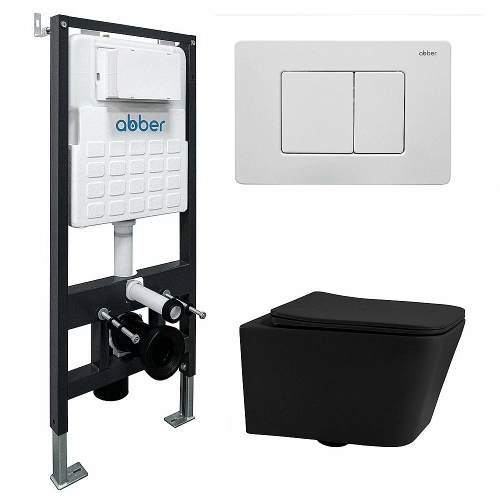Унитаз подвесной Abber Rechteck AC1201MB-AC0105-AC0120MW черный матовый, безободковый, с инсталляцией, с крышкой микролифт, с белой матовой кнопкой