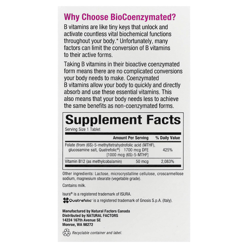 Natural Factors, BioCoenzymated®, фолат и витамин B12, 60 быстрорастворимых таблеток