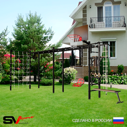 Уличная шведская стенка Sv Sport рукоход х 2 с комплектом турник прямой У54444К (Турник/Брусья/Стойка/Скамья/Со спинкой/Щит баскет/Канат/кольца/лестница/Сетка)