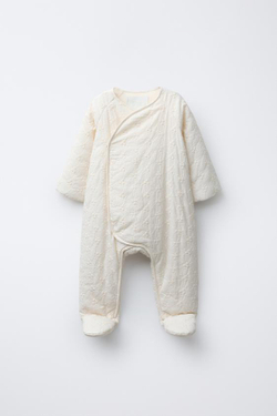 ZARA СТЕГАНЫЙ КОМБИНЕЗОН С ВЫШИВКОЙ В ВИДЕ ЦВЕТОВ, ЭКРЮ