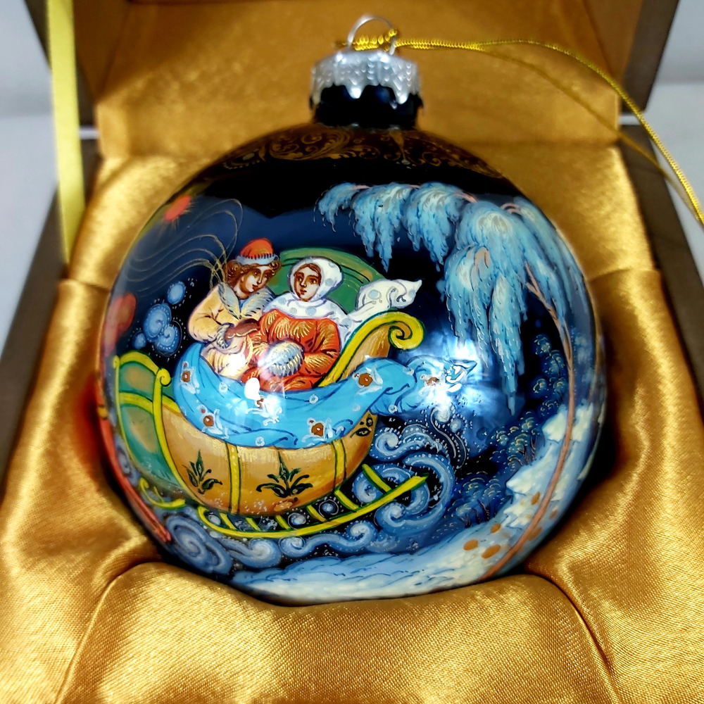 Елочный шар с росписью Палех "Тройка" в футляре