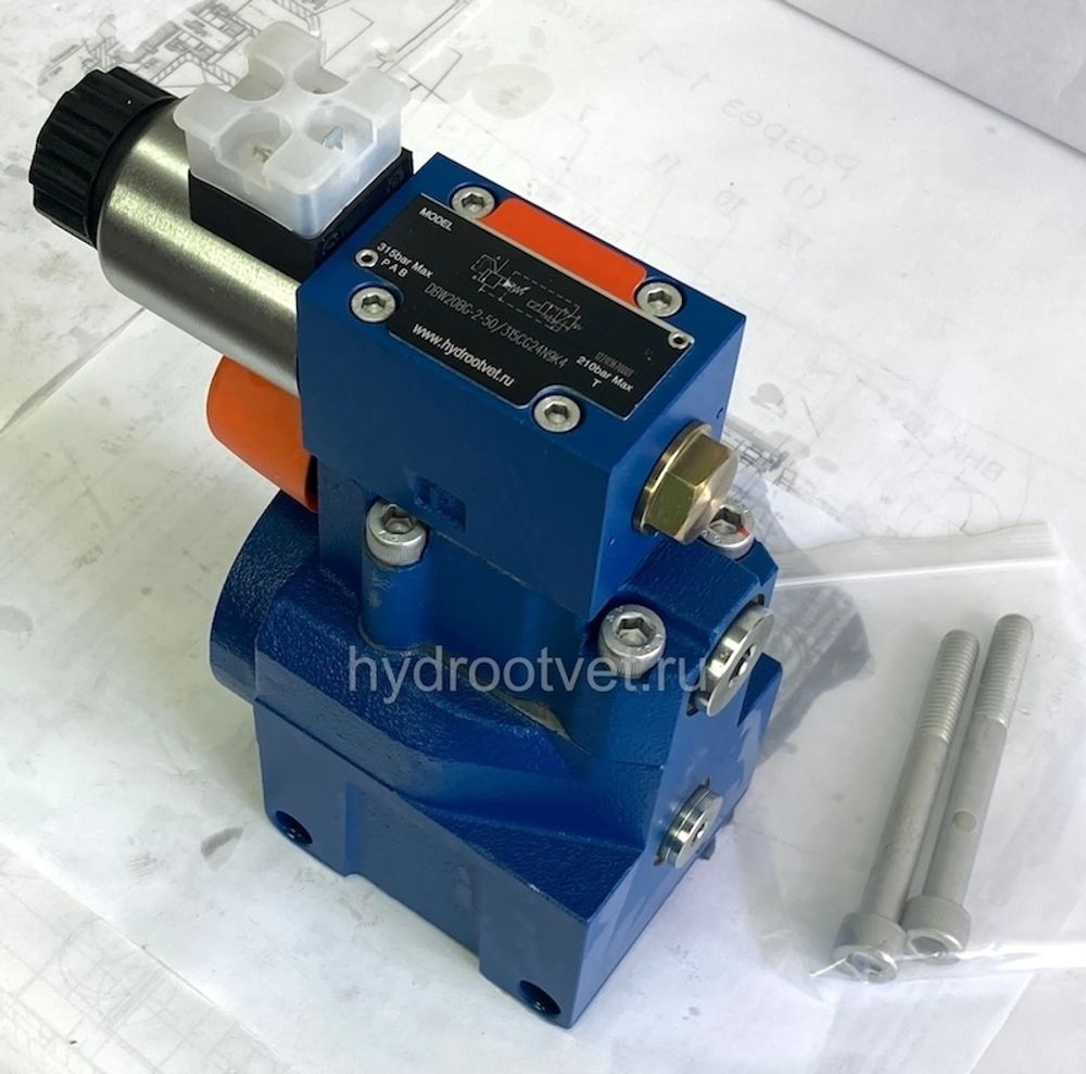 DBW20BG2-5X/200CG24N9K4 - Предохранительный клапан Ду25 с давлением настройки до 200 бар, управление - X и Y - внутренние с разгрузкой B = открыт с электроуправлением G24