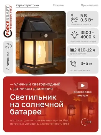 Уличный светильник ForceKraft с датчиком движения, черный