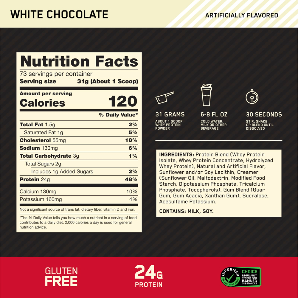Optimum Nutrition, Gold Standard® 100% сывороточный протеин, со вкусом белого шоколада, 2,26 кг (5 фунтов)