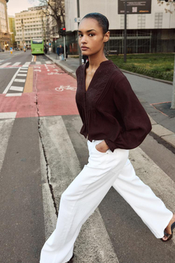 ZARA БЛУЗА С ВЫШИВКОЙ, КОРИЧНЕВЫЙ