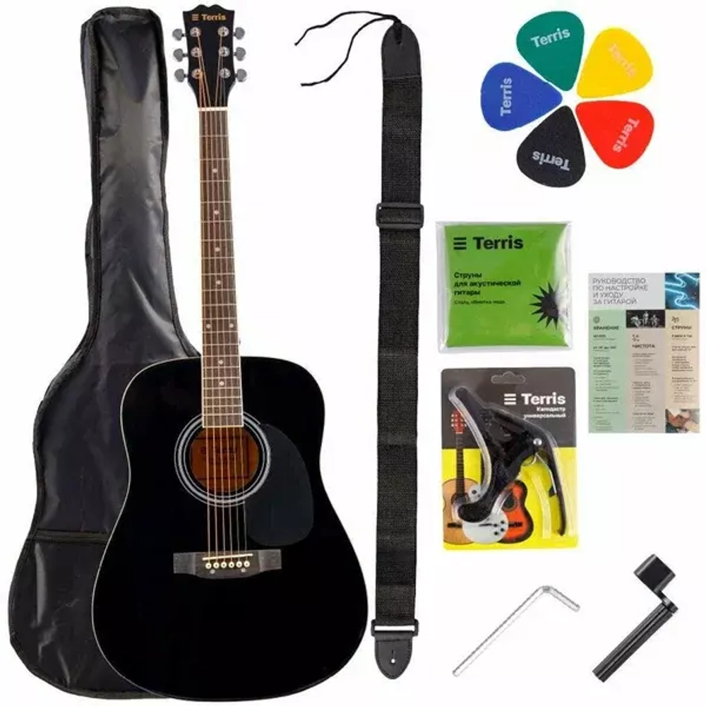 TERRIS TD-041 BK Starter Pack - набор начинающего гитариста: акустическая гитара черного цвета и комплект аксессуаров: чехол, медиатор, вертушка, ремень, капо, струны.