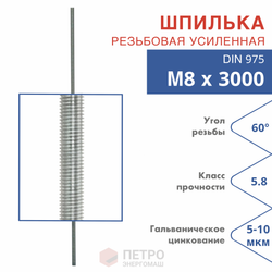 Шпилька резьбовая DIN 975 М8х3000 класс прочности 5.8 угол резьбы 60 град.