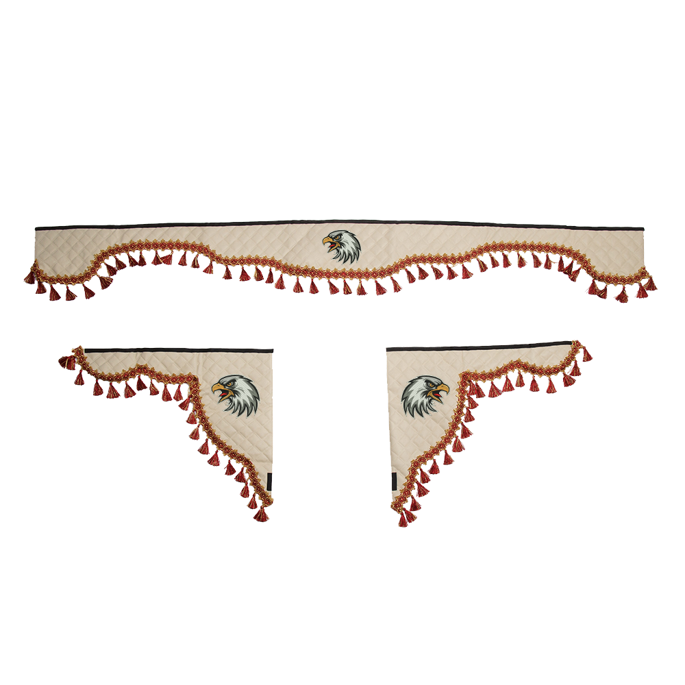 Ламбрекен с косынками универсальные стеганые Орел (экокожа, бежевый, красные кисточки)