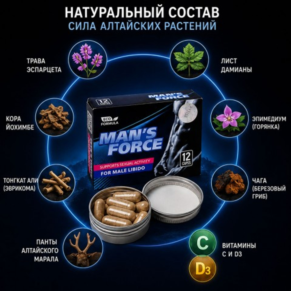 Концентрат пищевой MAN'S FORCE для мужчин, на основе растительного сырья, 12 капсул