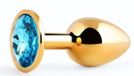 Золотистая анальная пробка с голубым стразом - 7,2 см. (Цвет: голубой)