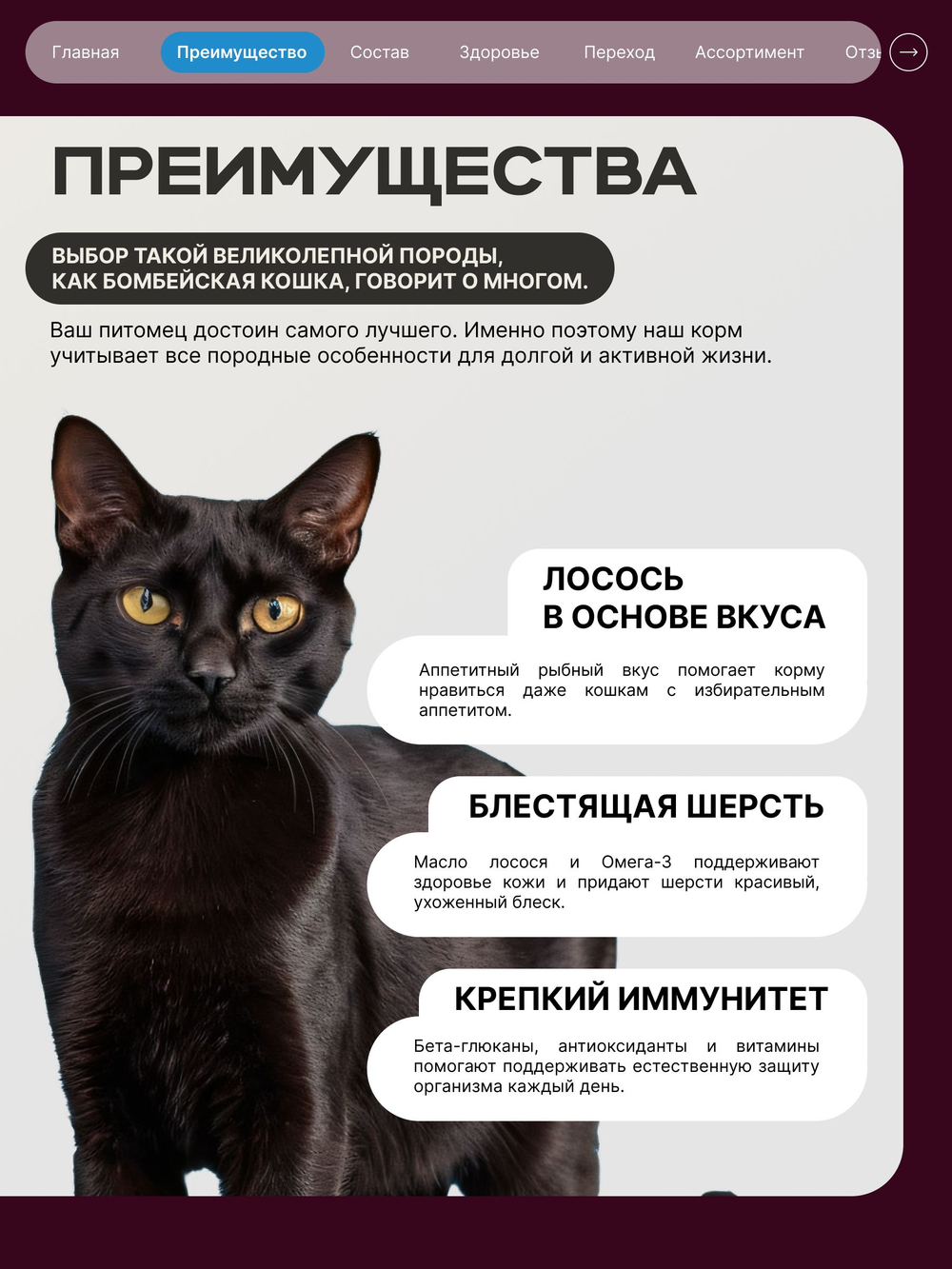 Корм сухой для взрослых кошек породы Бомбейская кошка, с лососем, 400 гр, QUATTRO