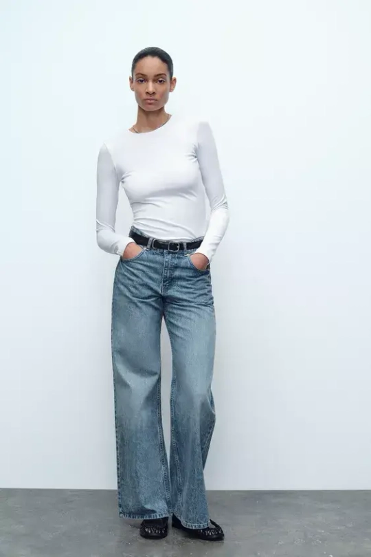 ZARA ФУТБОЛКА С ДЛИННЫМИ РУКАВАМИ, БЕЛЫЙ