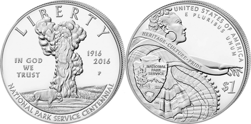 1 доллар 2015 год. США . 100 лет Службе национальных парков США Серебро. PROOF