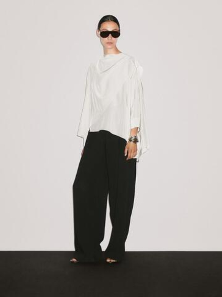 Massimo Dutti Короткая накидка из струящейся ткани с рукавами, натуральный, кремовый