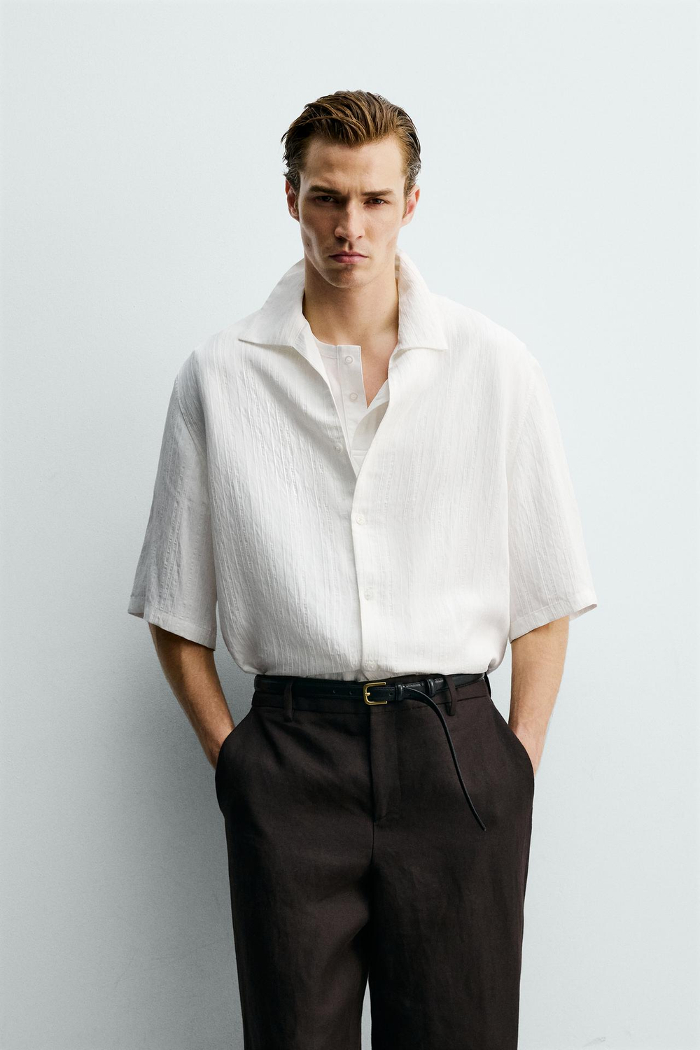 ZARA ЖАККАРДОВАЯ РУБАШКА BOXY FIT В ПОЛОСКУ, БЕЛЫЙ