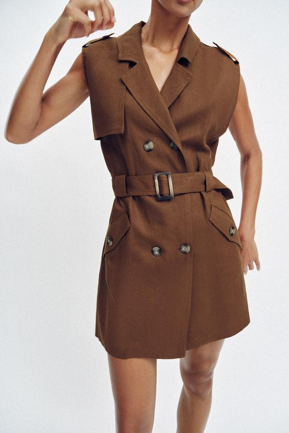 ZARA КОРОТКОЕ ПЛАТЬЕ ИЗ ЛЬНА С ПОЯСОМ, СВЕТЛО-КОРИЧНЕВЫЙ