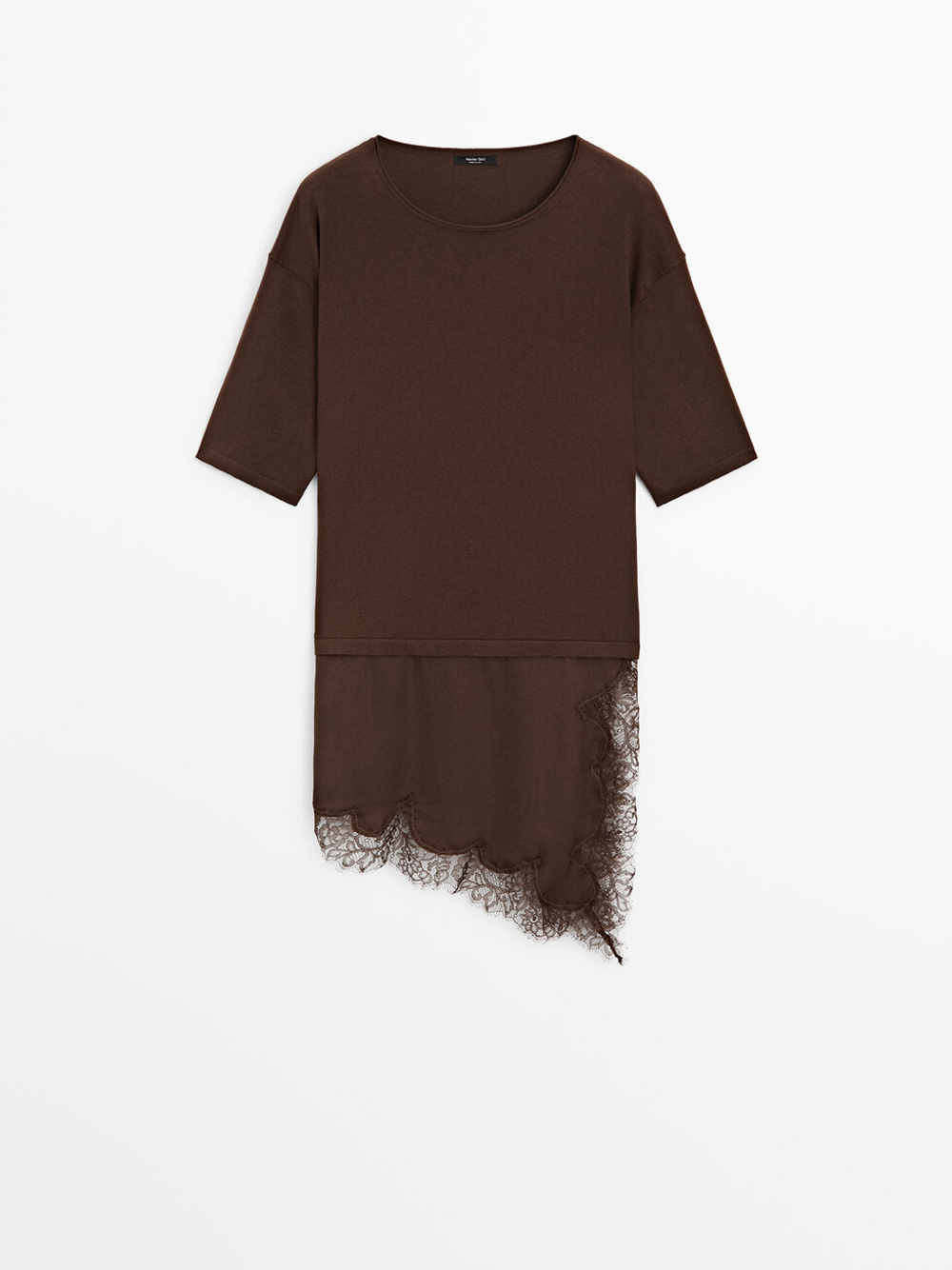 Massimo Dutti Платье с контрастной отделкой кружевом, коричневый