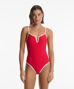 OYSHO Купальник-халтер с V-образным вырезом и контрастной отделкой, яркий красный